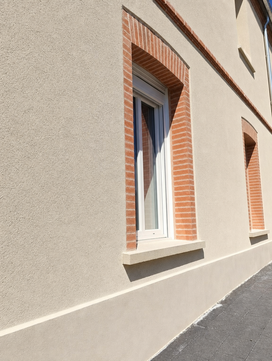 Façade de maison ravalée et peinte, finition talochée