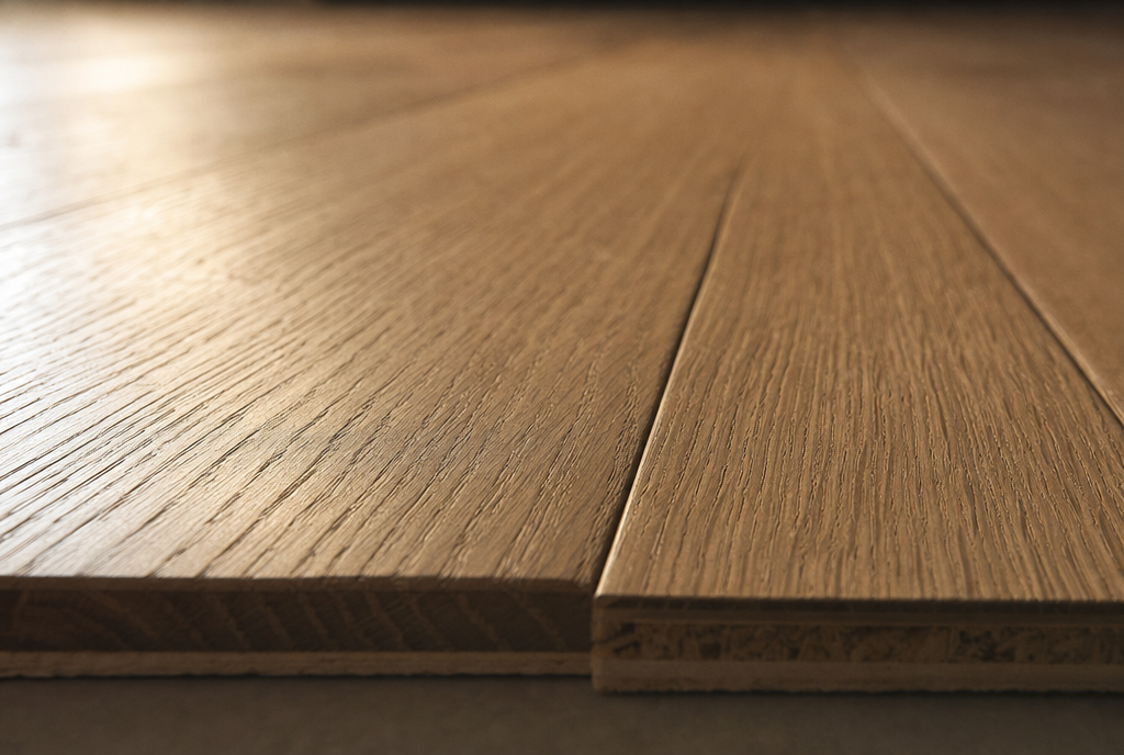 Lames de parquet contrecollé posées collé, gros plan sur le chant et la jonction des lames