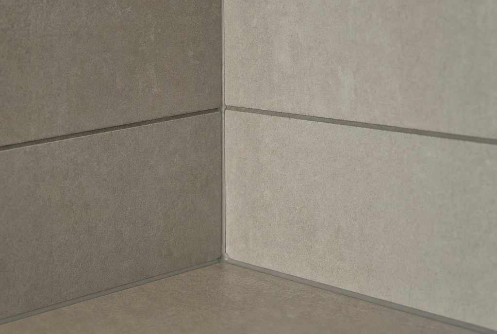 Angle de douche carrelé, joints réguliers et coupe nette dans l'angle du mur
